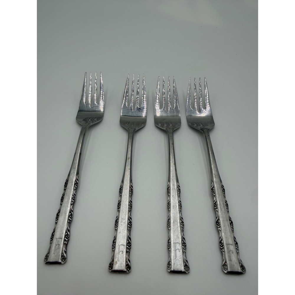 Ekco Eterna Stainless Steel Dinner Forks Set of 4 Monogram F Japan Vintage
